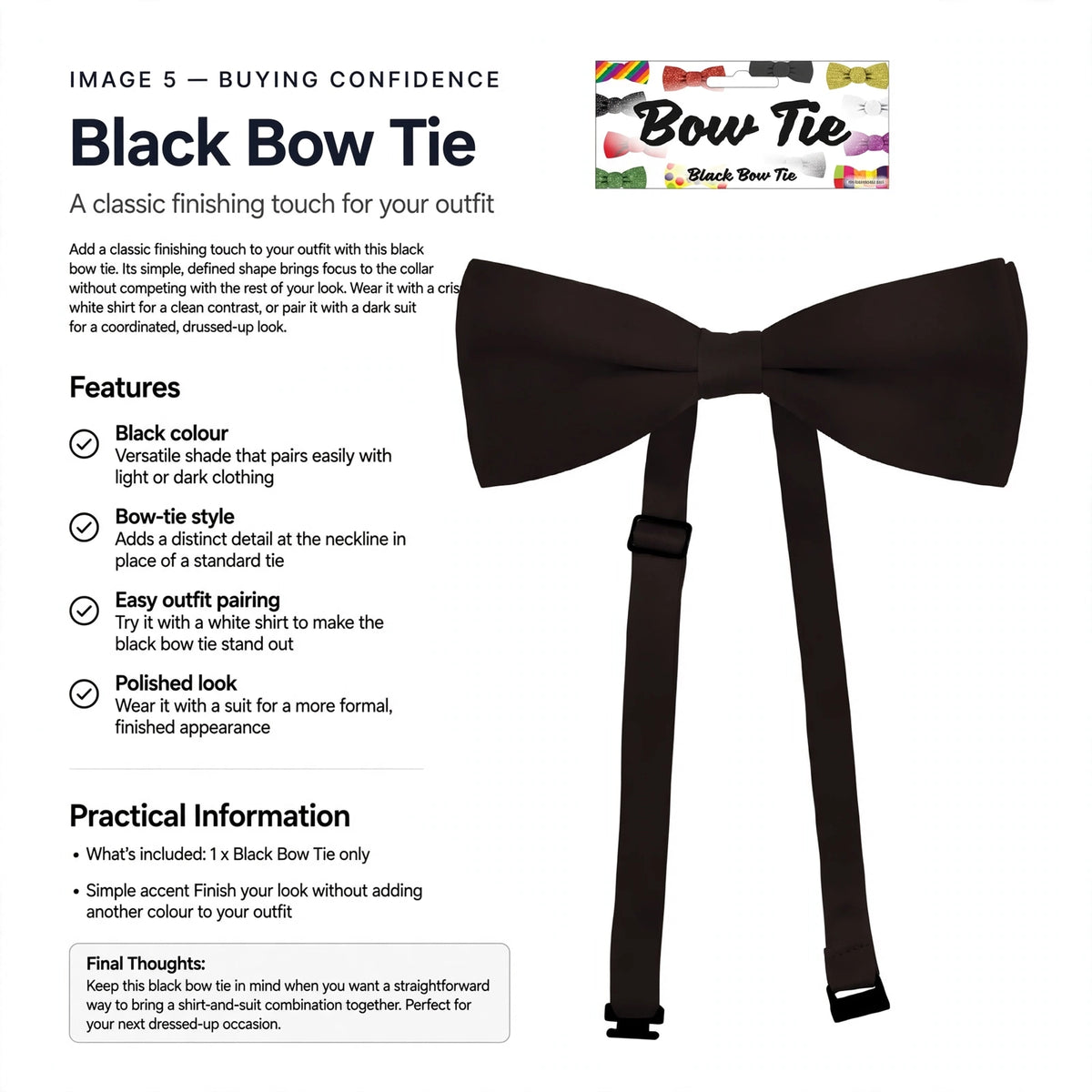Black bow tie to complete a shirt-and-suit combination
