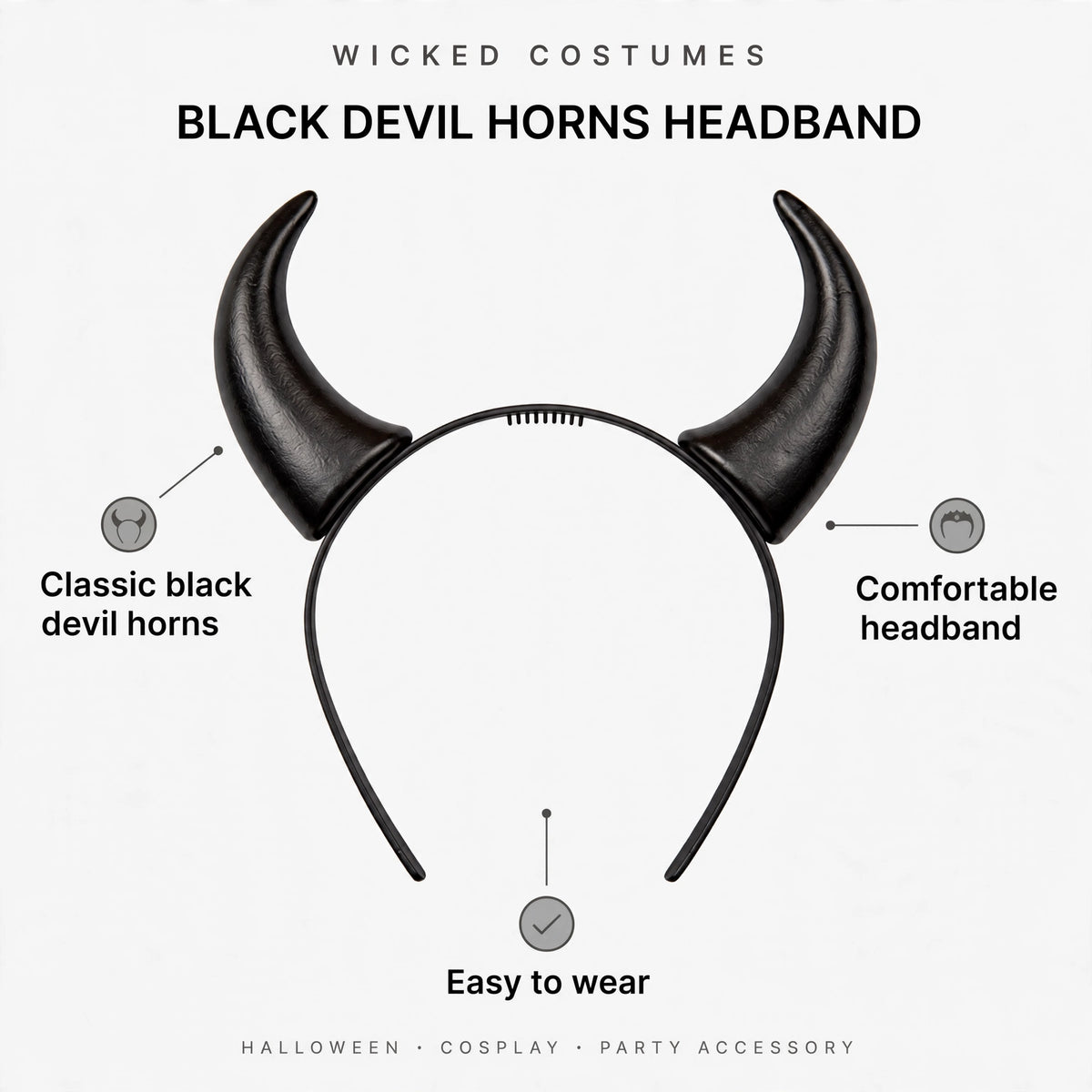 Infographic showing features of the Wicked Costumes Black Devil Horns Headband