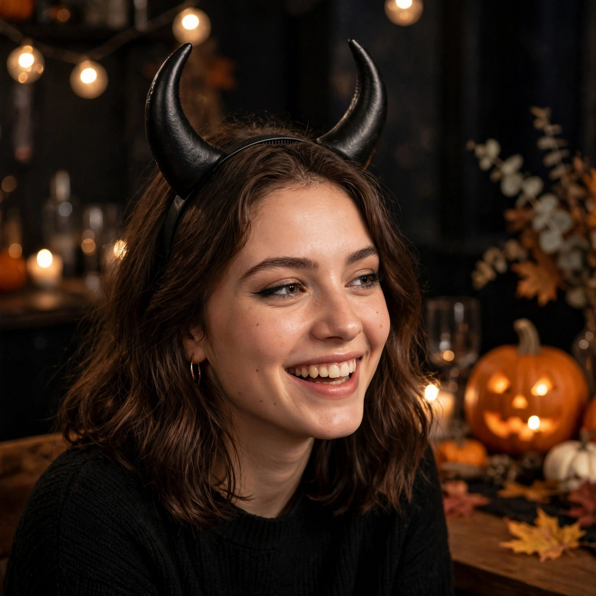 Wicked Costumes Black Devil Horns Headband displayed in a party setting