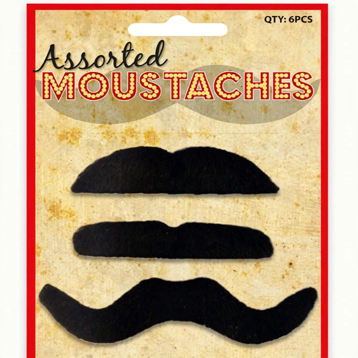 Close-up view of black self-adhesive moustaches with peel-and-stick backing
