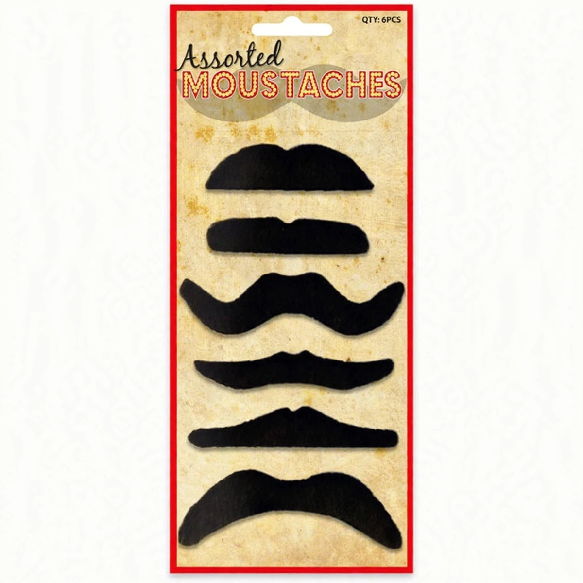 Pack of 6 black self-adhesive moustaches with assorted designs
