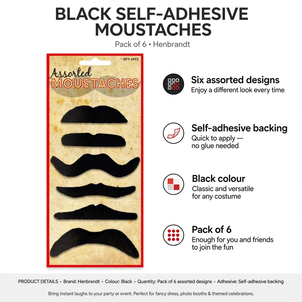 Infographic showing six assorted black moustache designs with self-adhesive backing