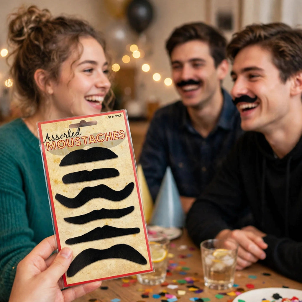 Black self-adhesive moustaches worn for fancy dress parties and themed celebrations