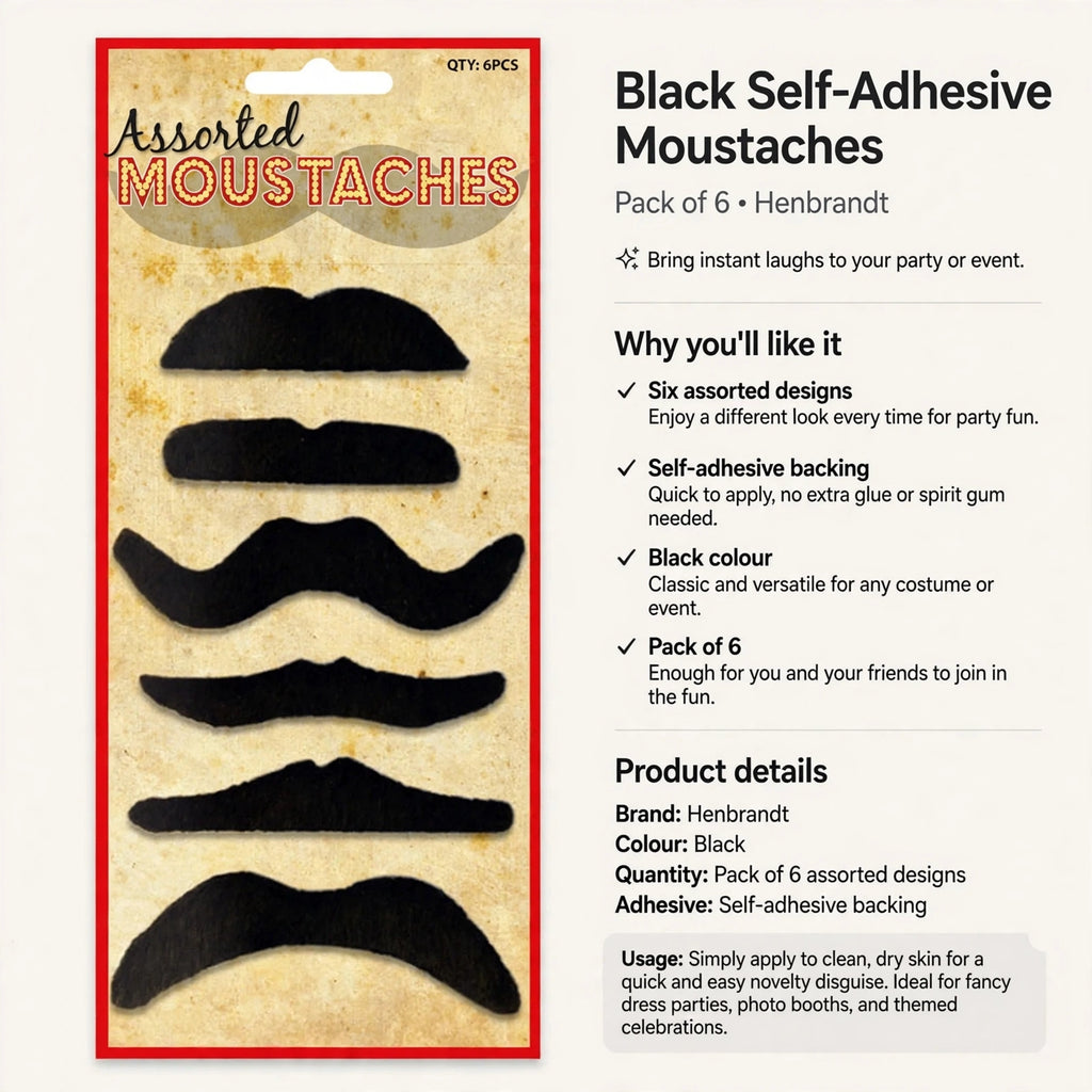 Pack includes six black self-adhesive moustaches with assorted designs for quick application