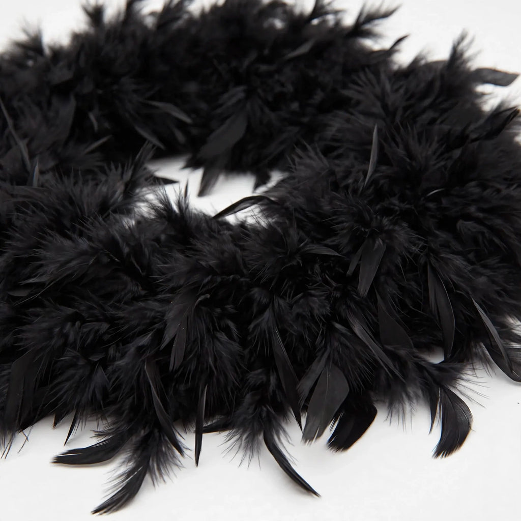 Close-up view of black feather texture on the 1.7 metre boa