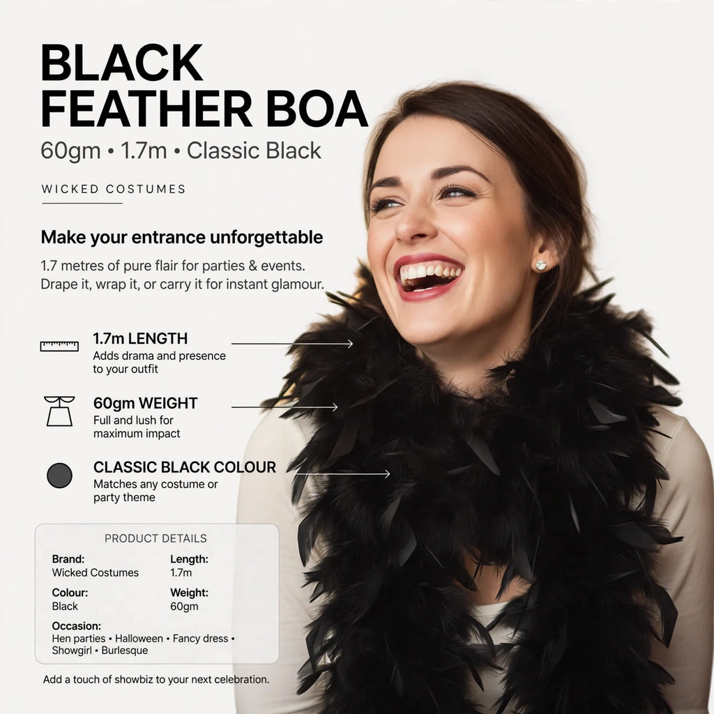 Infographic showing 1.7 metres length, 60 grams weight, and classic black colour features