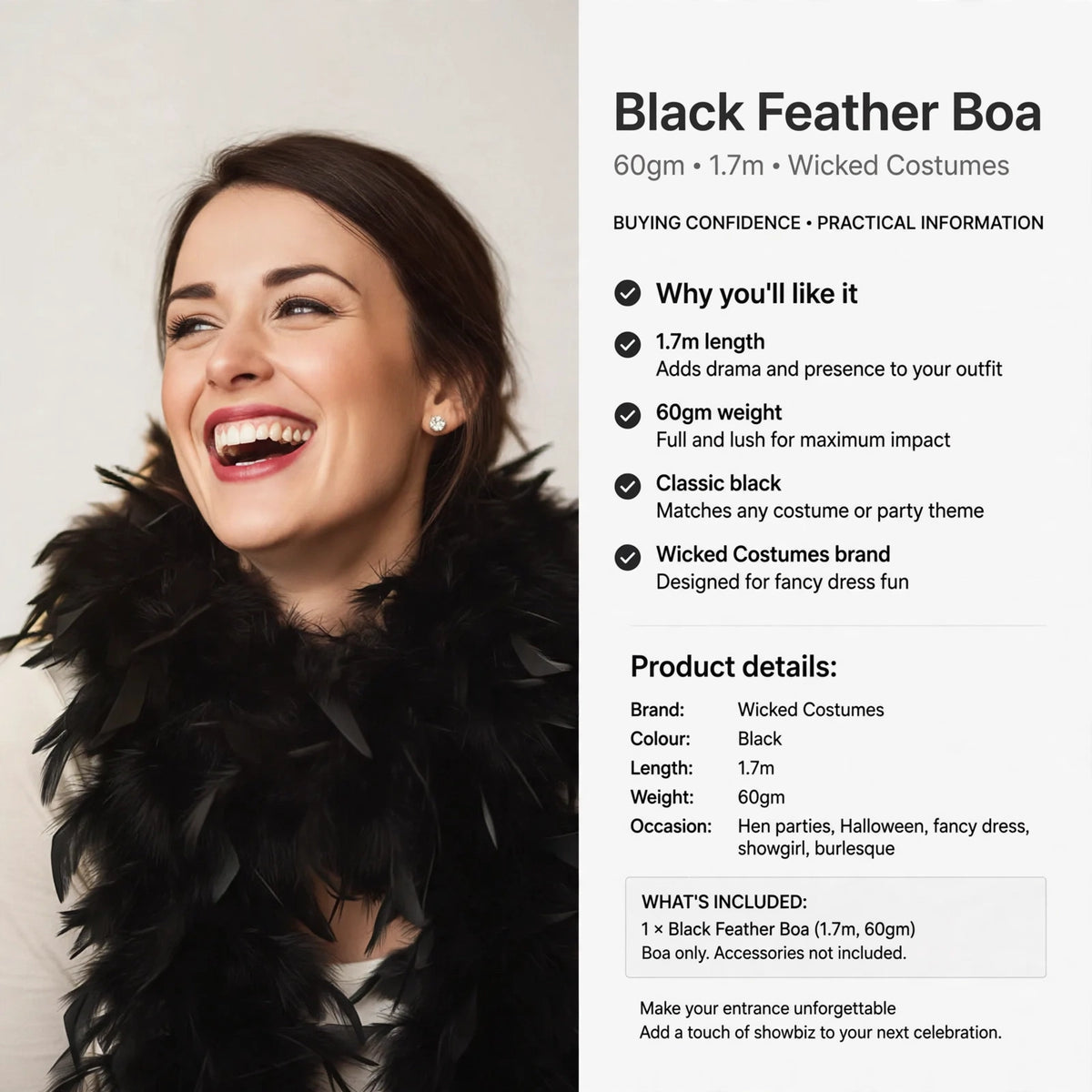 Black Feather Boa by Wicked Costumes suitable for hen parties, Halloween, fancy dress, showgirl, and burlesque