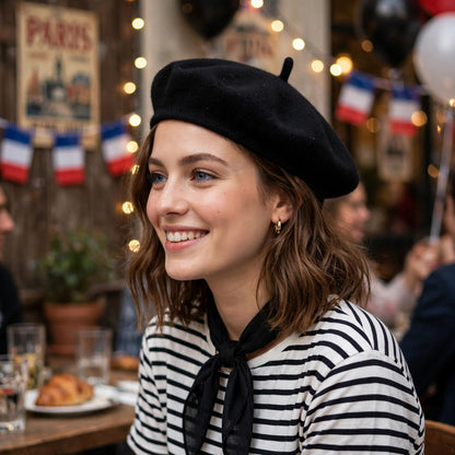 Black French beret worn as part of a Parisian-themed fancy dress outfit