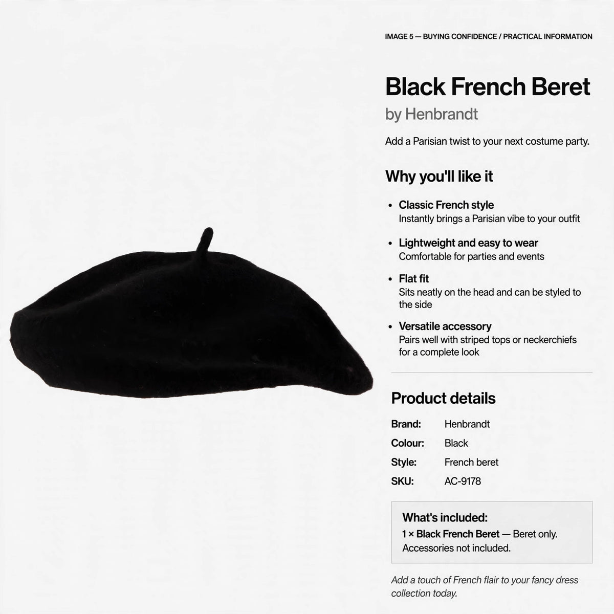 Lightweight and easy to wear black French beret for costume parties