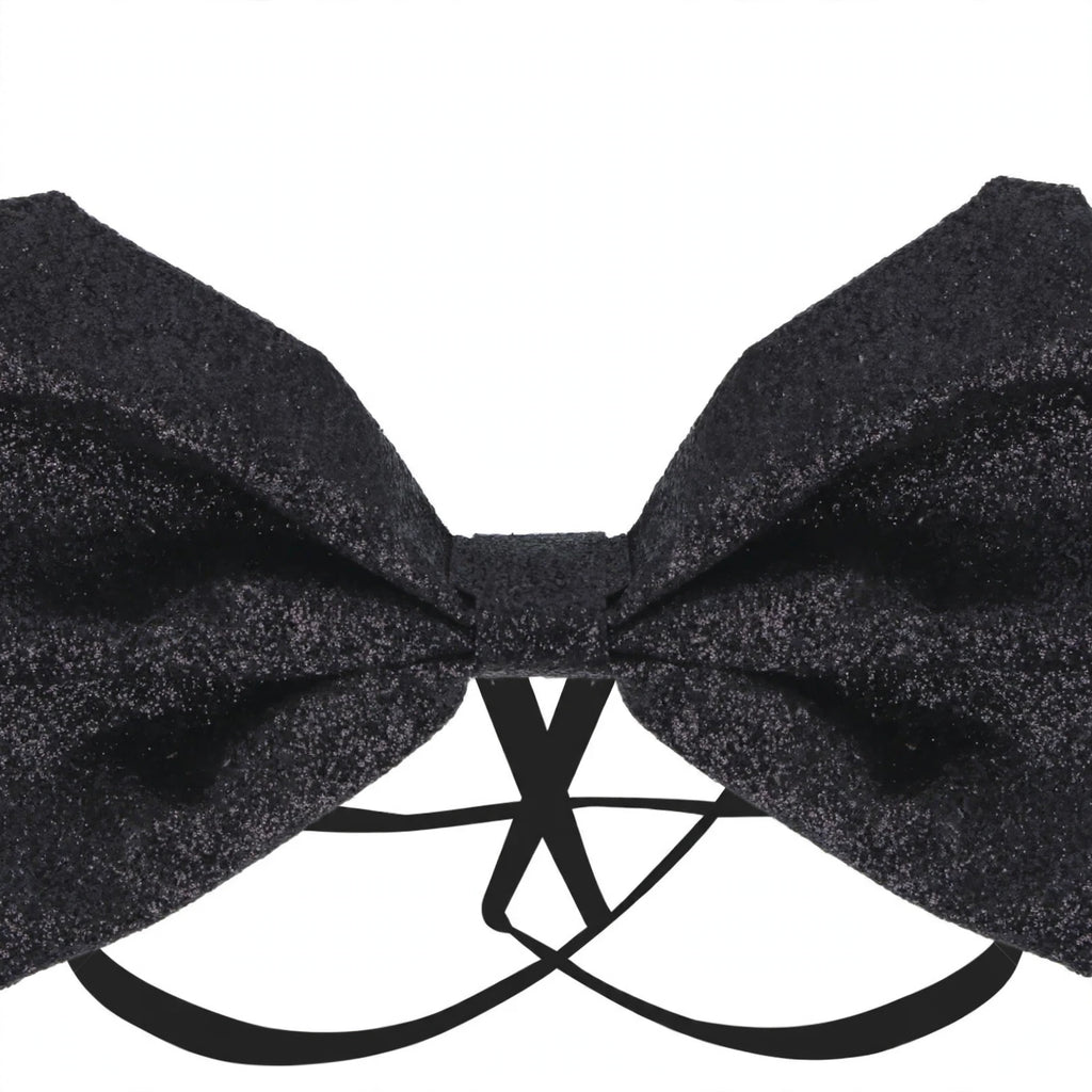 Close-up view of Black Glitter Bow Tie showing glitter finish and bow-tie shape