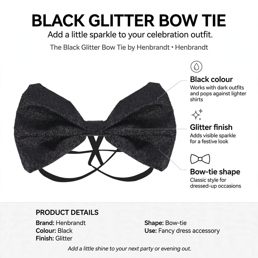 Black Glitter Bow Tie features black colour, glitter finish, and classic bow-tie shape