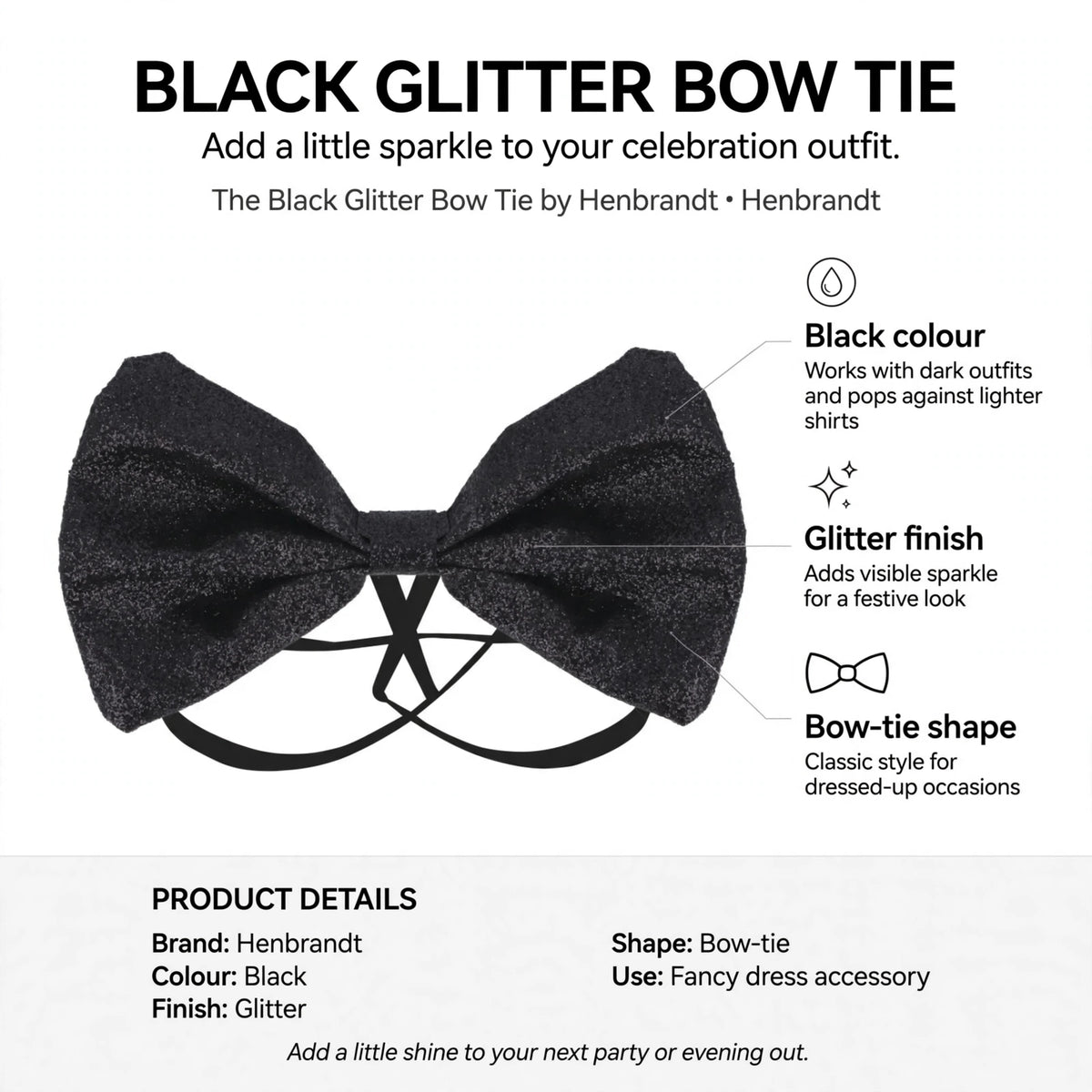 Black Glitter Bow Tie features black colour, glitter finish, and classic bow-tie shape