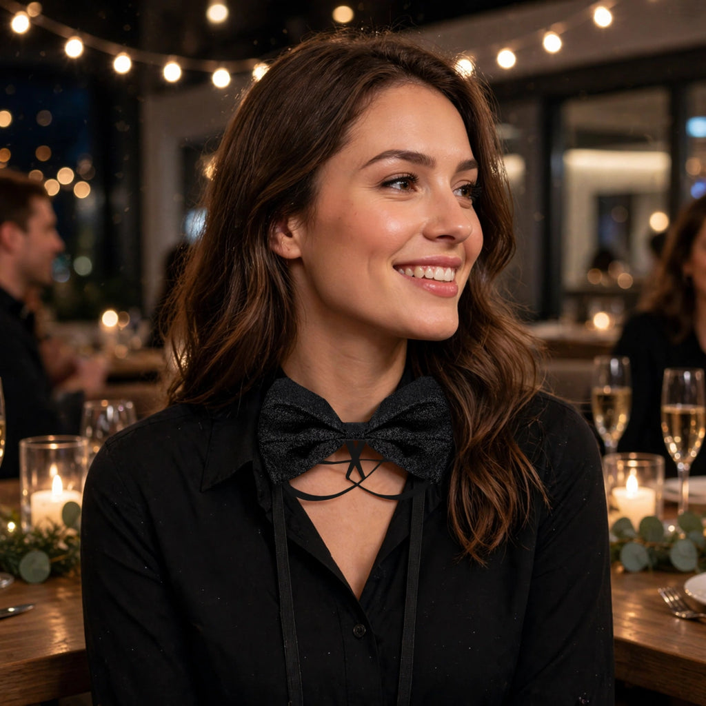 Black Glitter Bow Tie styled with a shirt for a festive party or special occasion