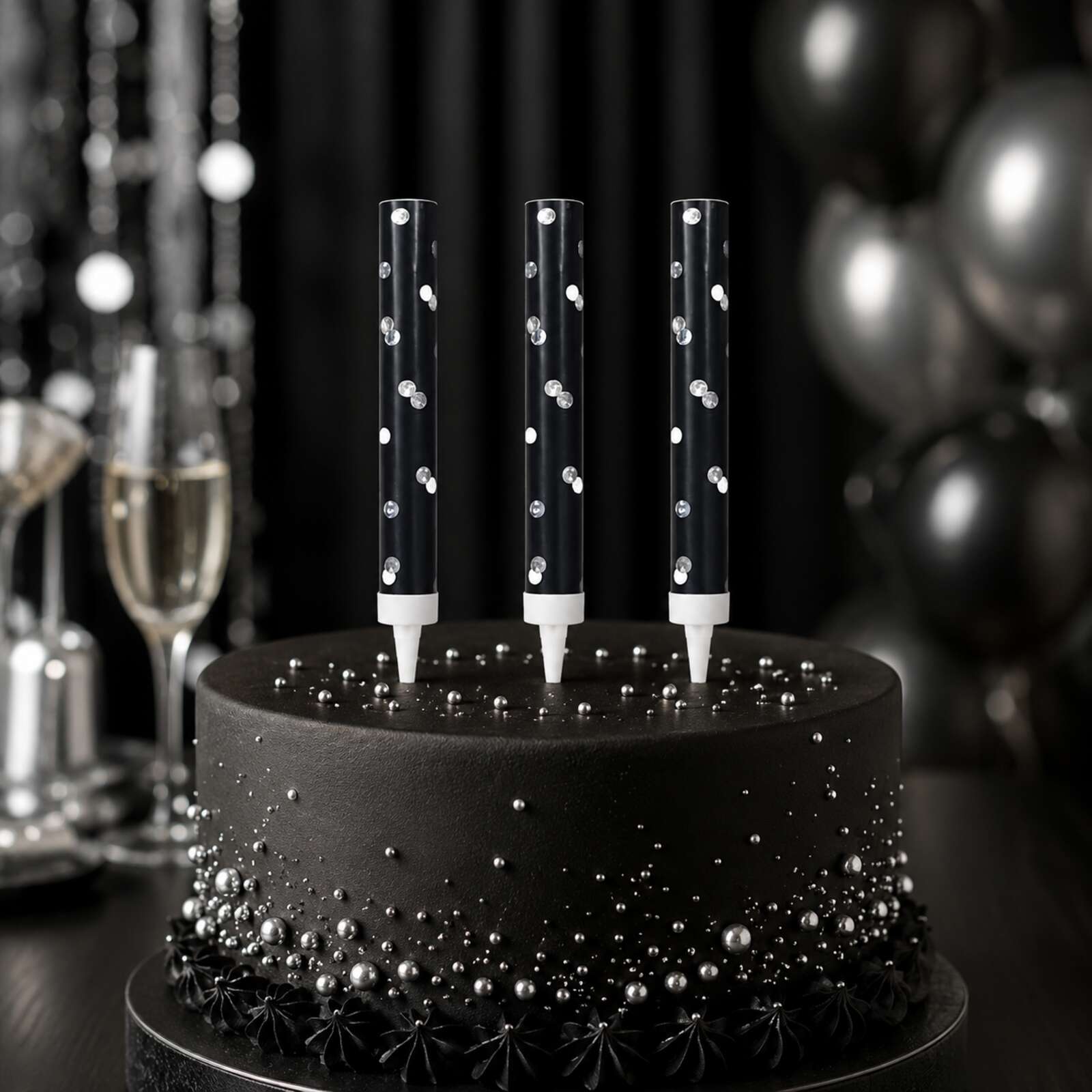 Three unlit black glitz cake fountains displayed on a black cake
