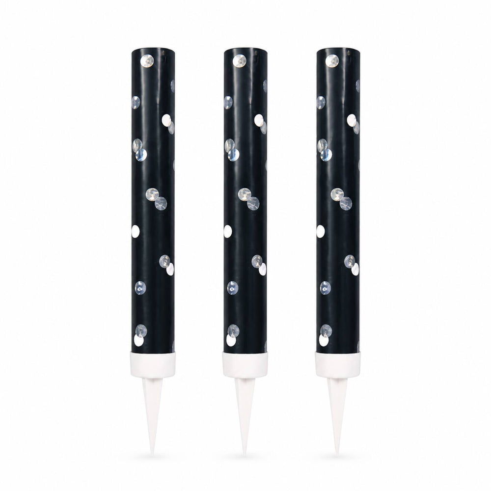 Three black glitz ice fountain cake decorations with silver dots
