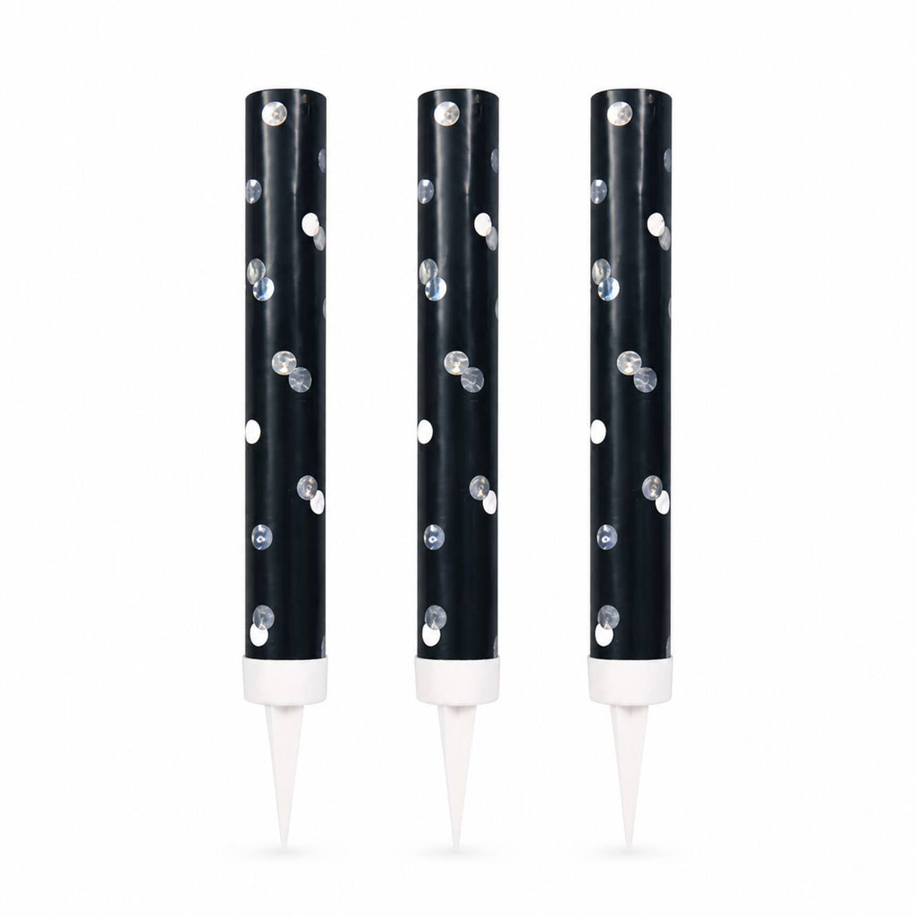 Three black glitz ice fountain cake decorations with silver dots