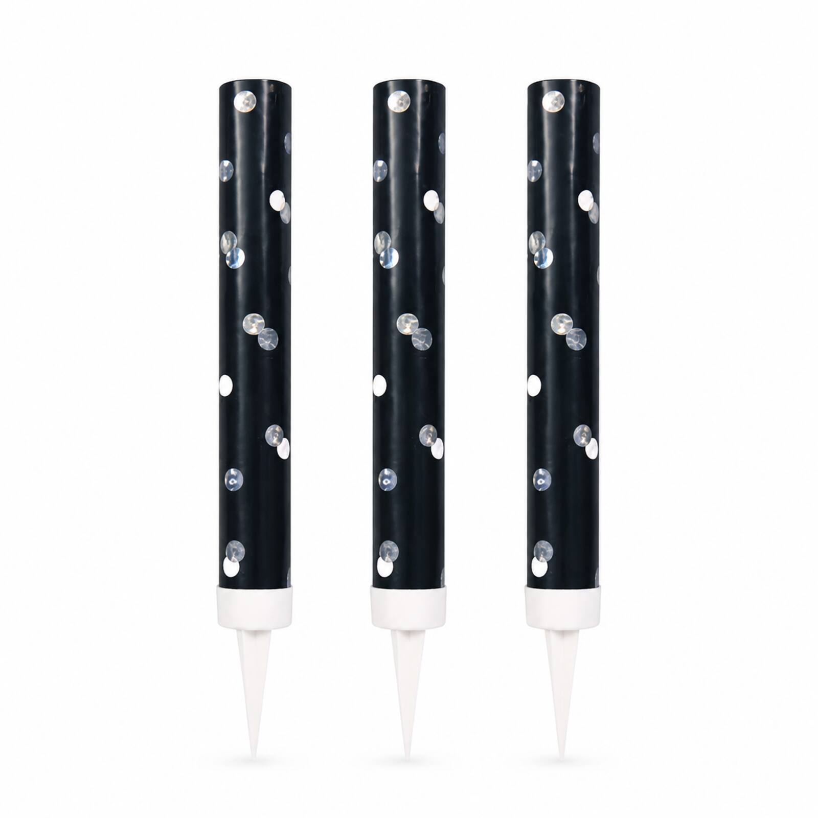 Three black glitz ice fountain cake decorations with silver dots