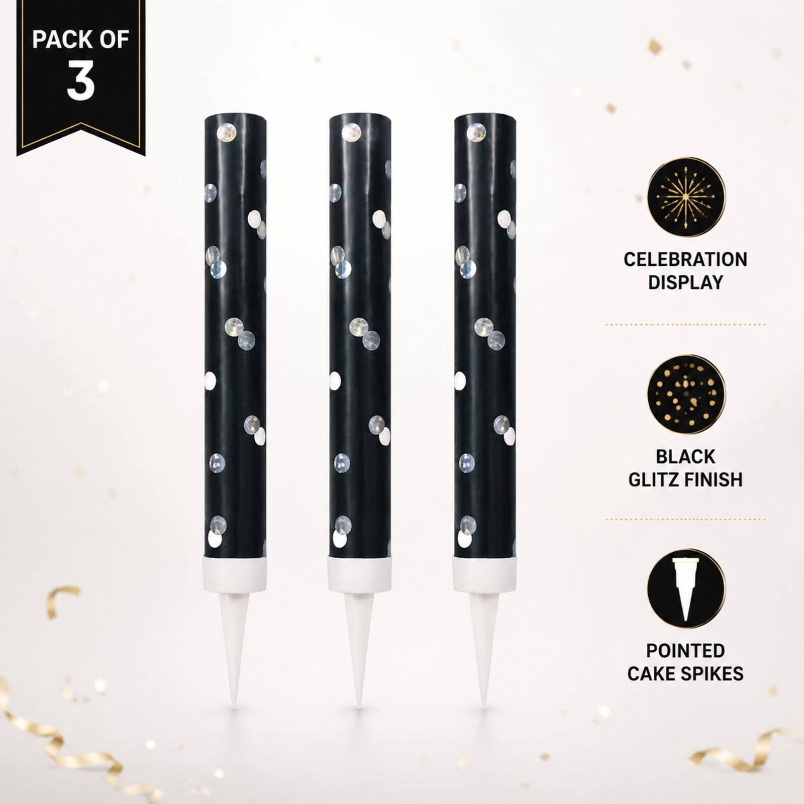 Black glitz cake fountains infographic showing pack of three features
