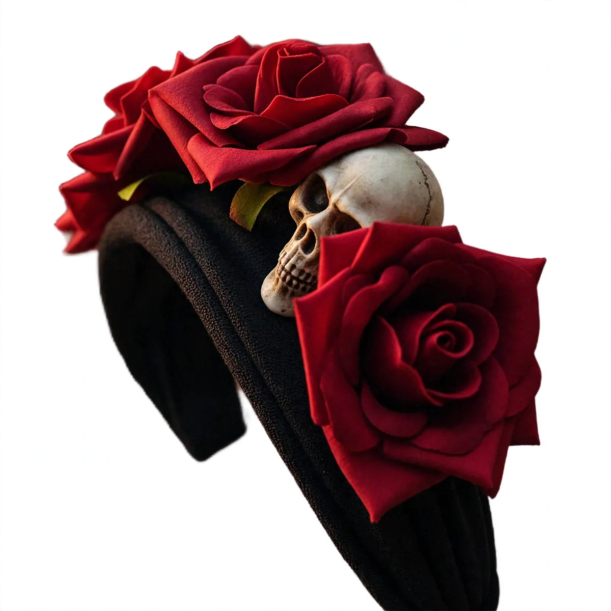 Close-up view of black headband featuring skull and floral design
