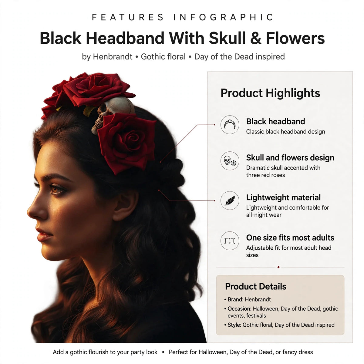 Infographic showing black headband with gothic floral skull design and lightweight material