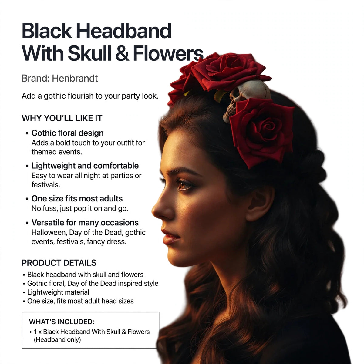 Black headband lightweight and one size fits most adults for Halloween and gothic events