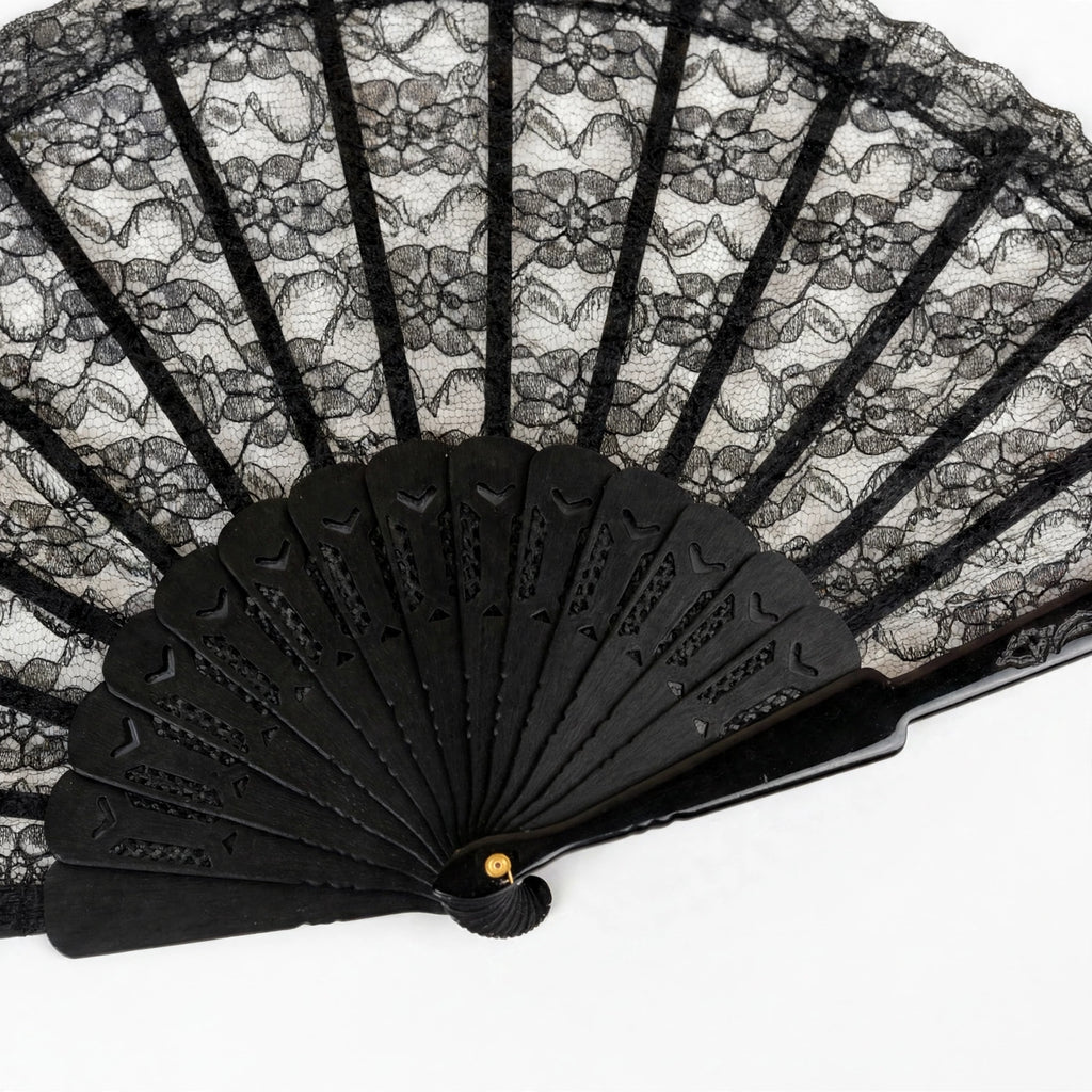 Close-up view of black lace pattern on the fan