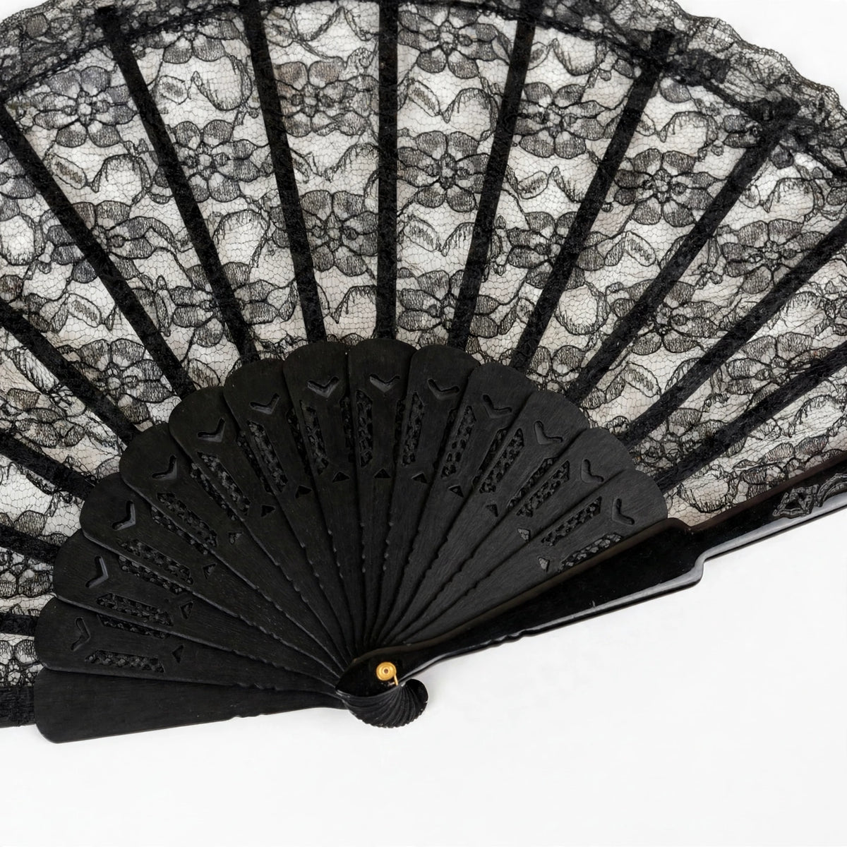 Close-up view of black lace pattern on the fan
