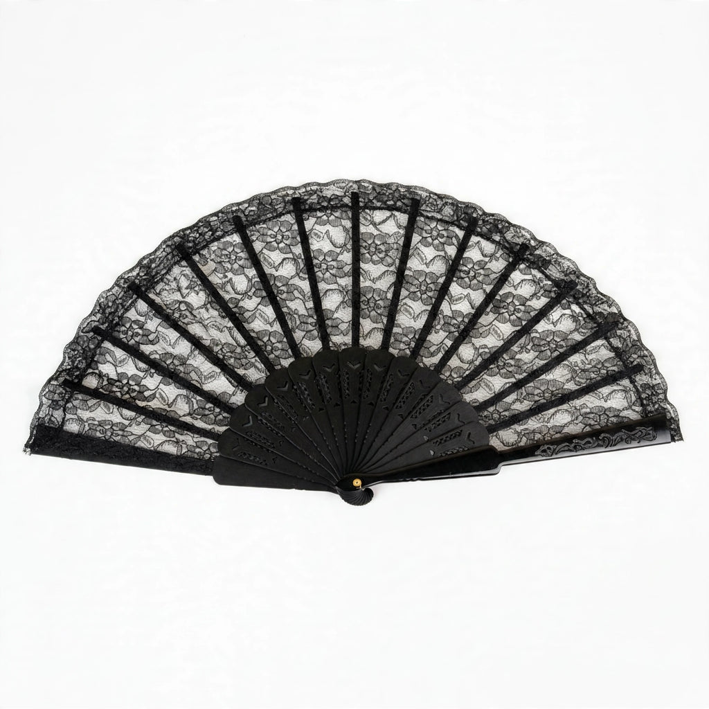 Black Lace Fan with intricate lace pattern measuring 45x25cm