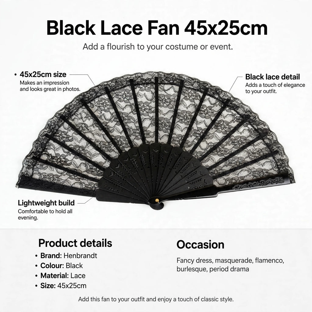 Infographic showing 45x25cm size, black lace detail, and lightweight build features