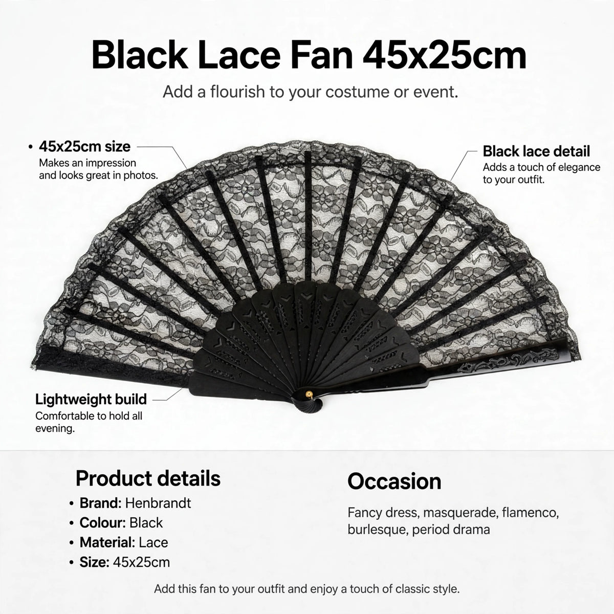 Infographic showing 45x25cm size, black lace detail, and lightweight build features