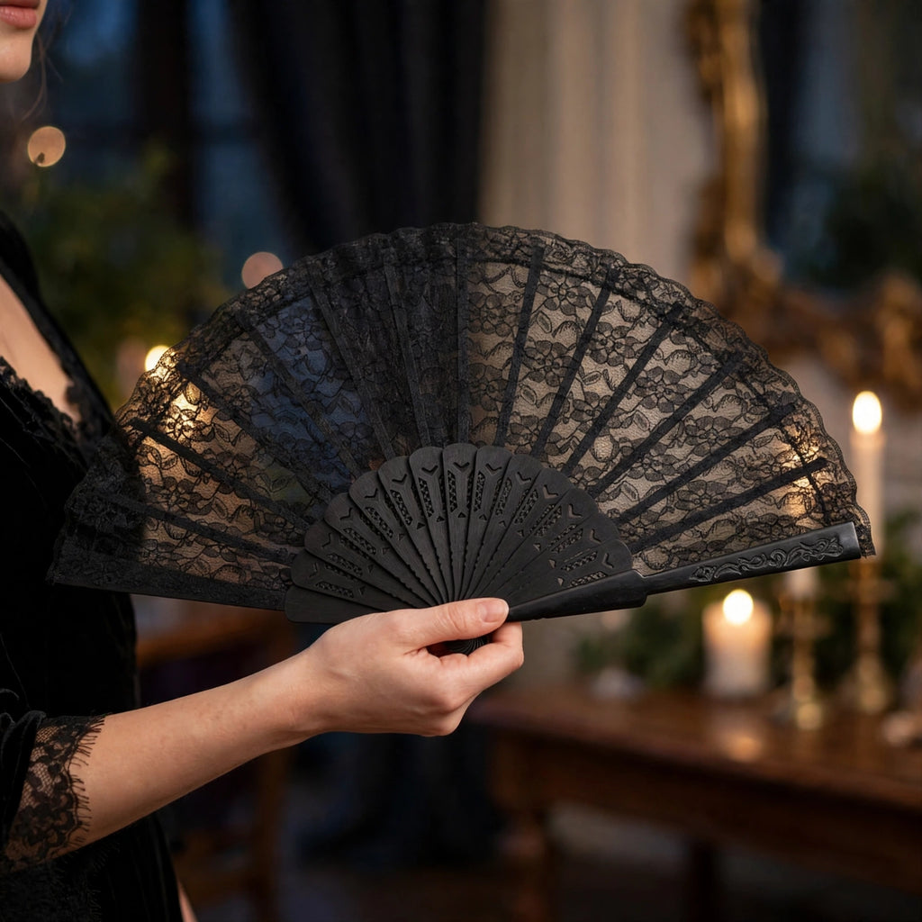 Black Lace Fan used as an accessory for costume events like masquerade balls and flamenco nights