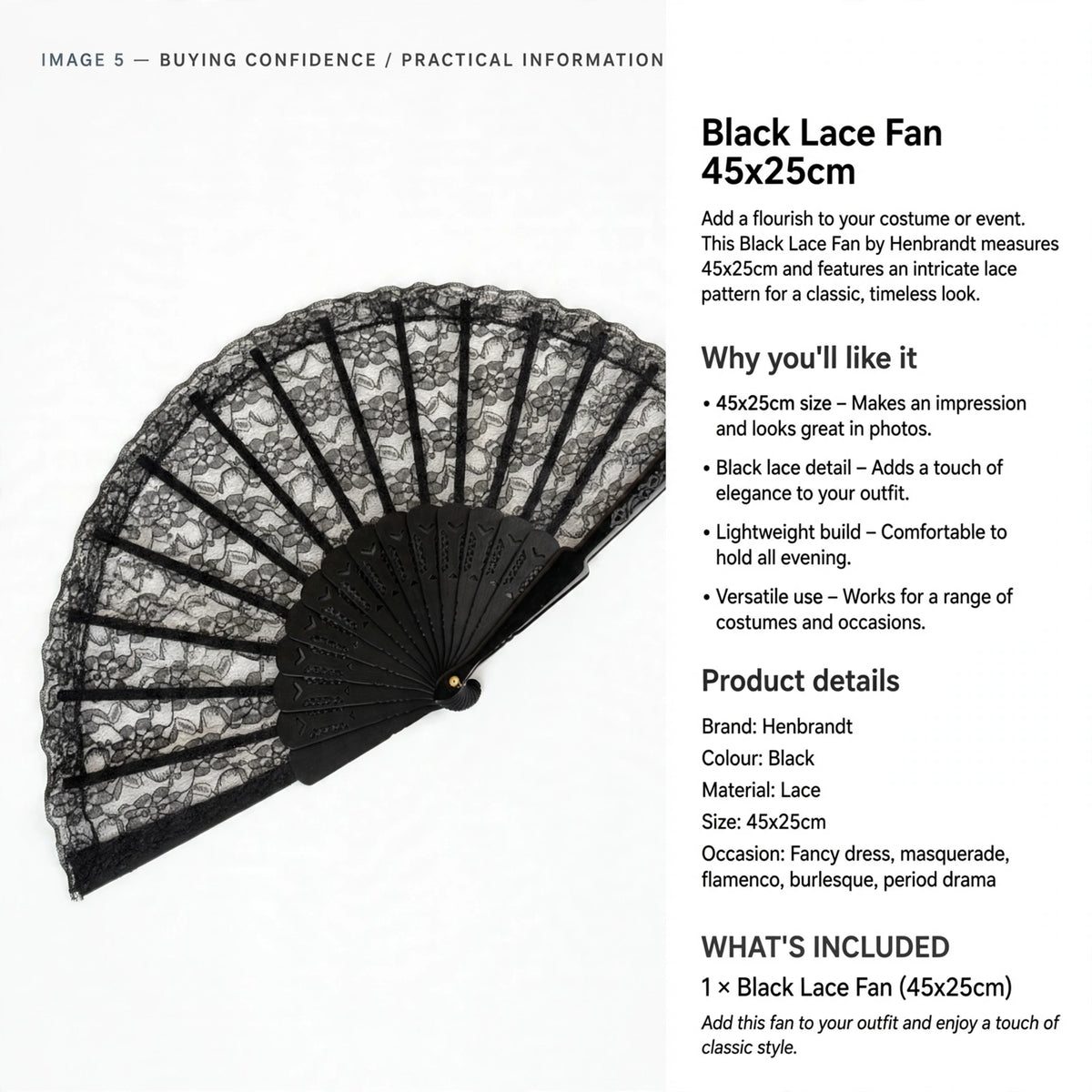 Black Lace Fan by Henbrandt suitable for fancy dress, masquerade, flamenco, burlesque, and period drama occasions