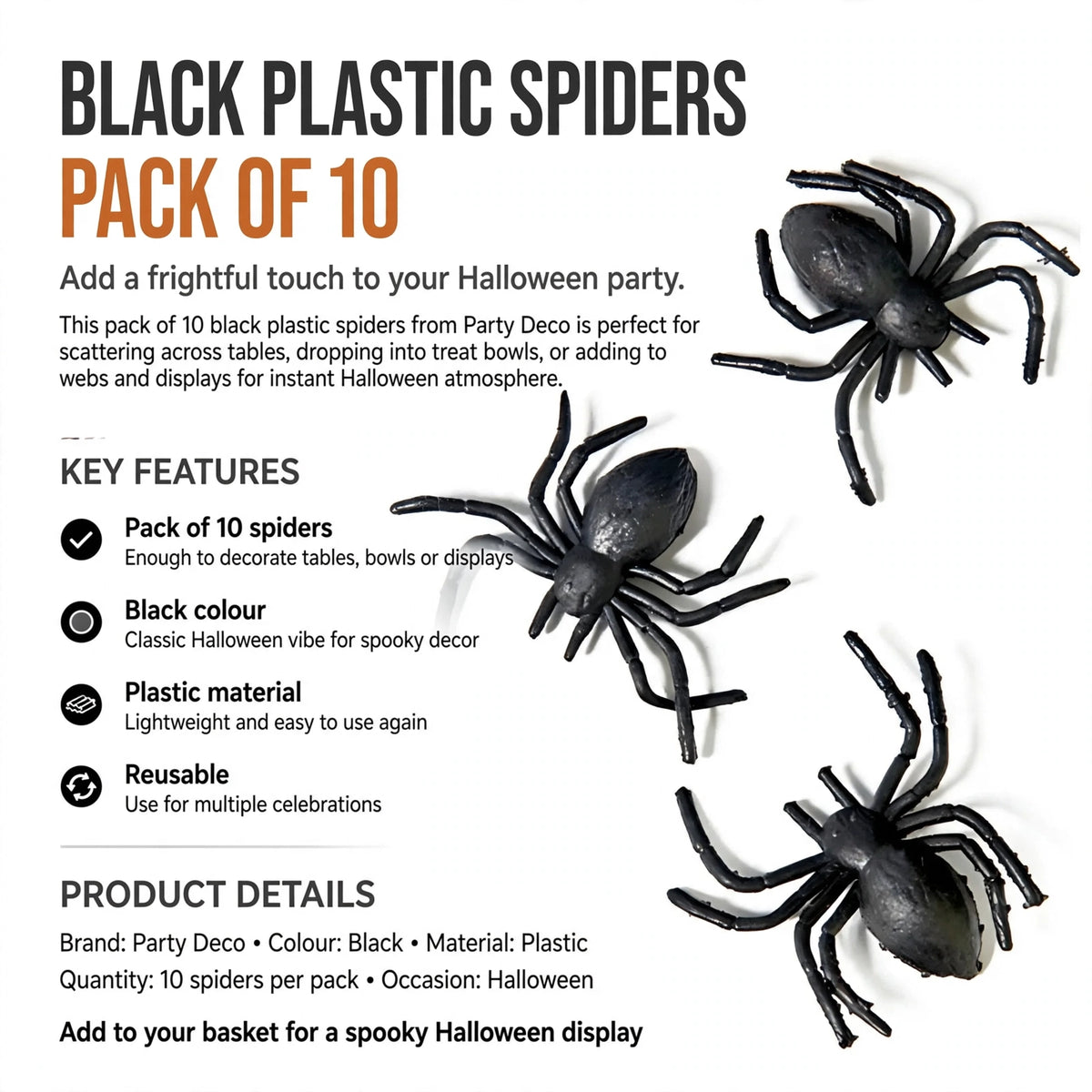 Features include pack of 10 spiders, black colour, plastic material, and reusable design
