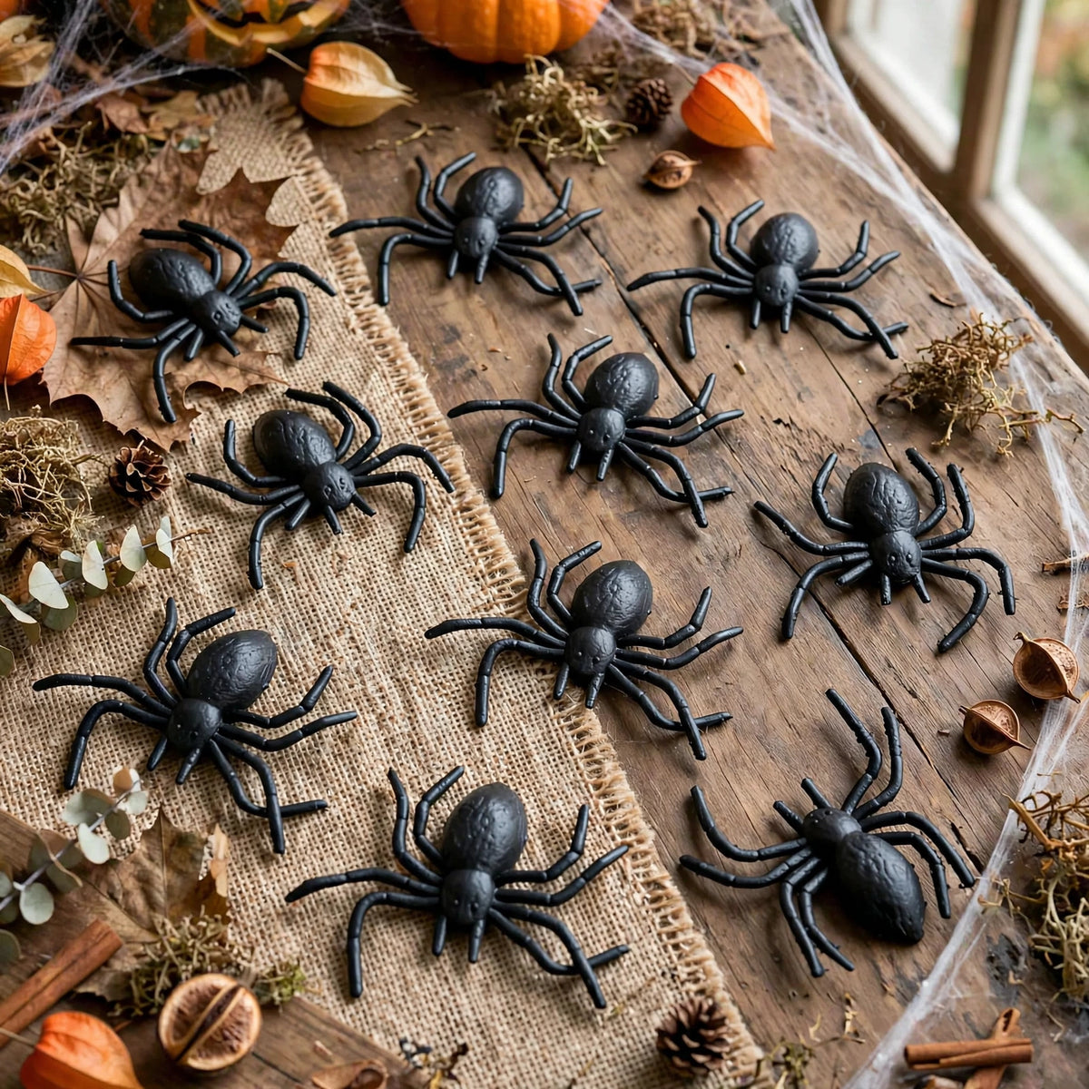 Black plastic spiders scattered on a Halloween party table for decoration