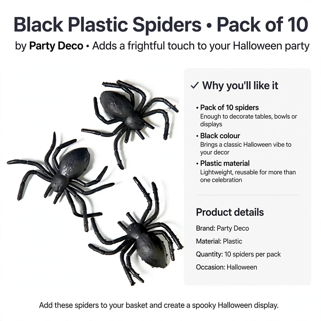 Black plastic spiders suitable for decorating tables, bowls, or displays for Halloween