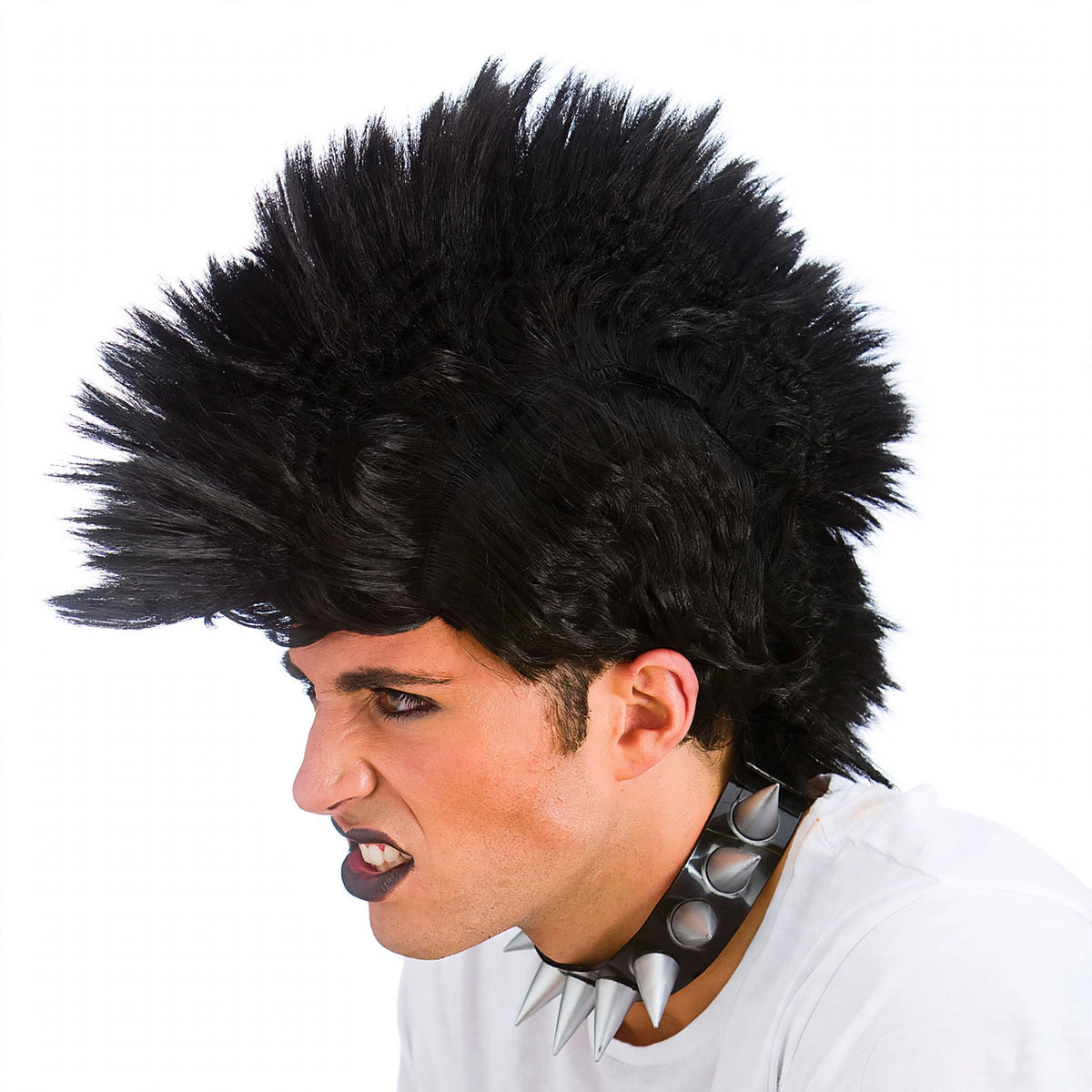 Detail view of black punk rocker mohawk mohair wig