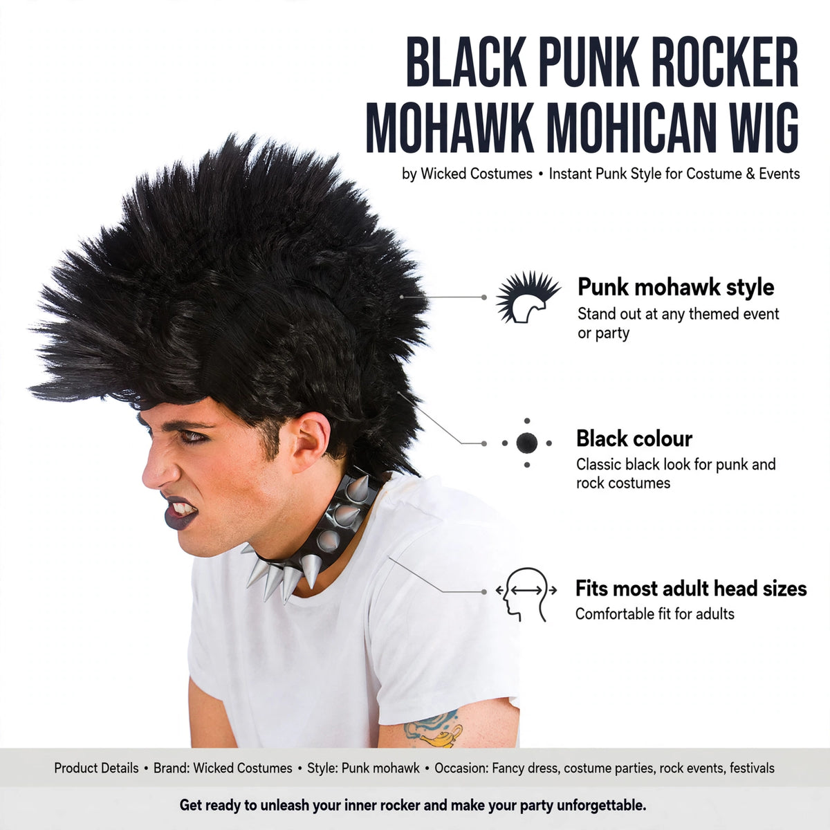 Features punk mohawk style, black colour, fits most adult head sizes