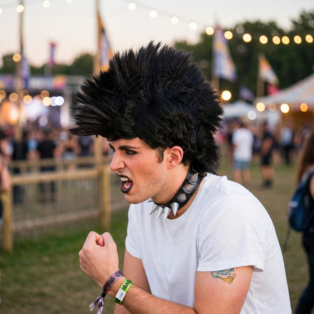Black punk rocker mohawk wig worn for costume parties and rock events