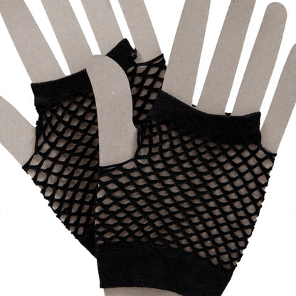 Close-up view of womens 1980s short black net gloves showing fingerless wrist-length style