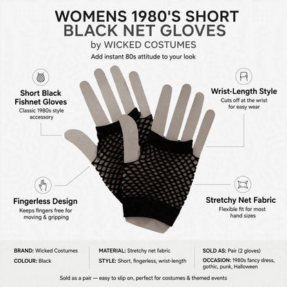 Features short black fishnet gloves with fingerless design and stretchy net fabric