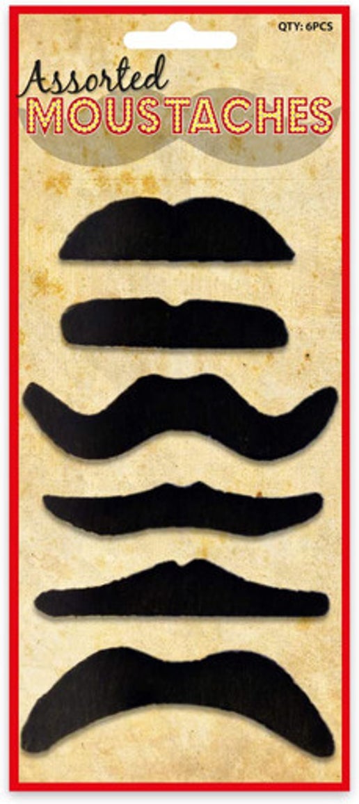 Black Fancy Dress Self-Adhesive Moustaches Assorted Designs Pack of 6