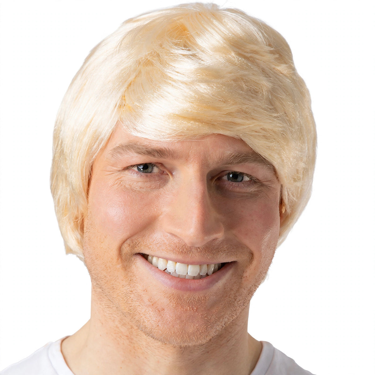 Close-up view of men's blonde synthetic wig showing medium length and retro style