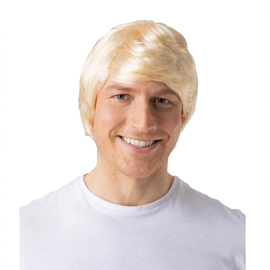 Men's blonde medium-length synthetic wig with adjustable fit