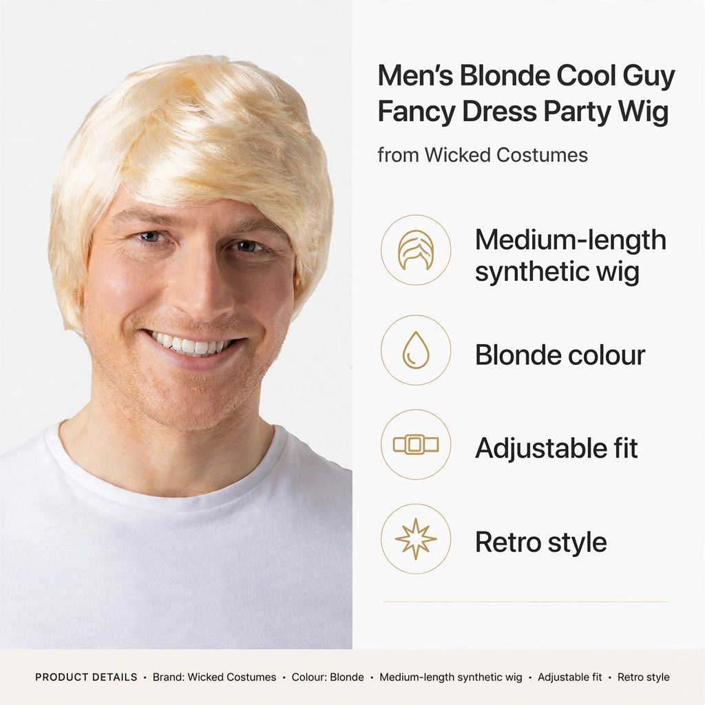 Features medium-length blonde synthetic wig with adjustable fit and retro style for 60s, 70s, and early 80s