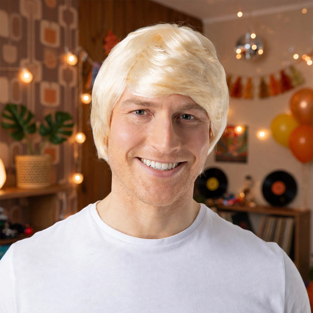Men wearing blonde retro style wig at a themed party or costume event