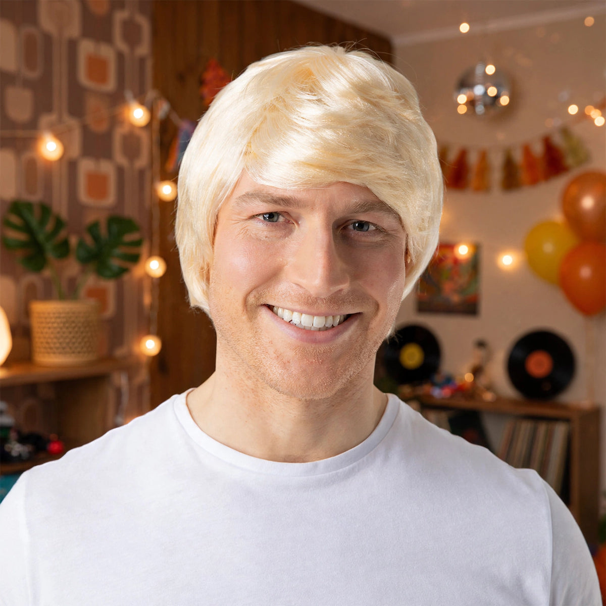 Men wearing blonde retro style wig at a themed party or costume event