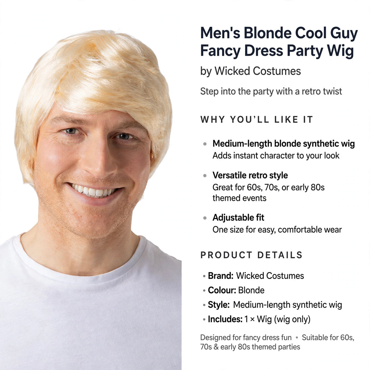 Men's blonde synthetic wig with adjustable fit suitable for fancy dress and costume events
