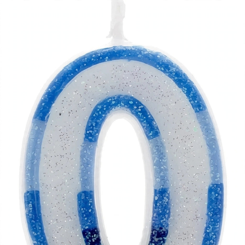 close-up of blue glitter number 0 birthday candle
