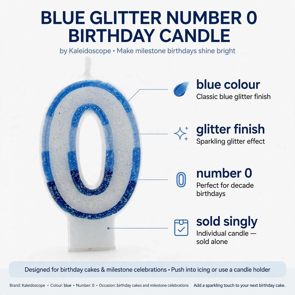 blue number 0 candle with glitter finish for milestone birthdays