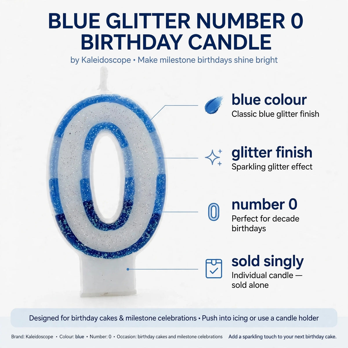 blue number 0 candle with glitter finish for milestone birthdays